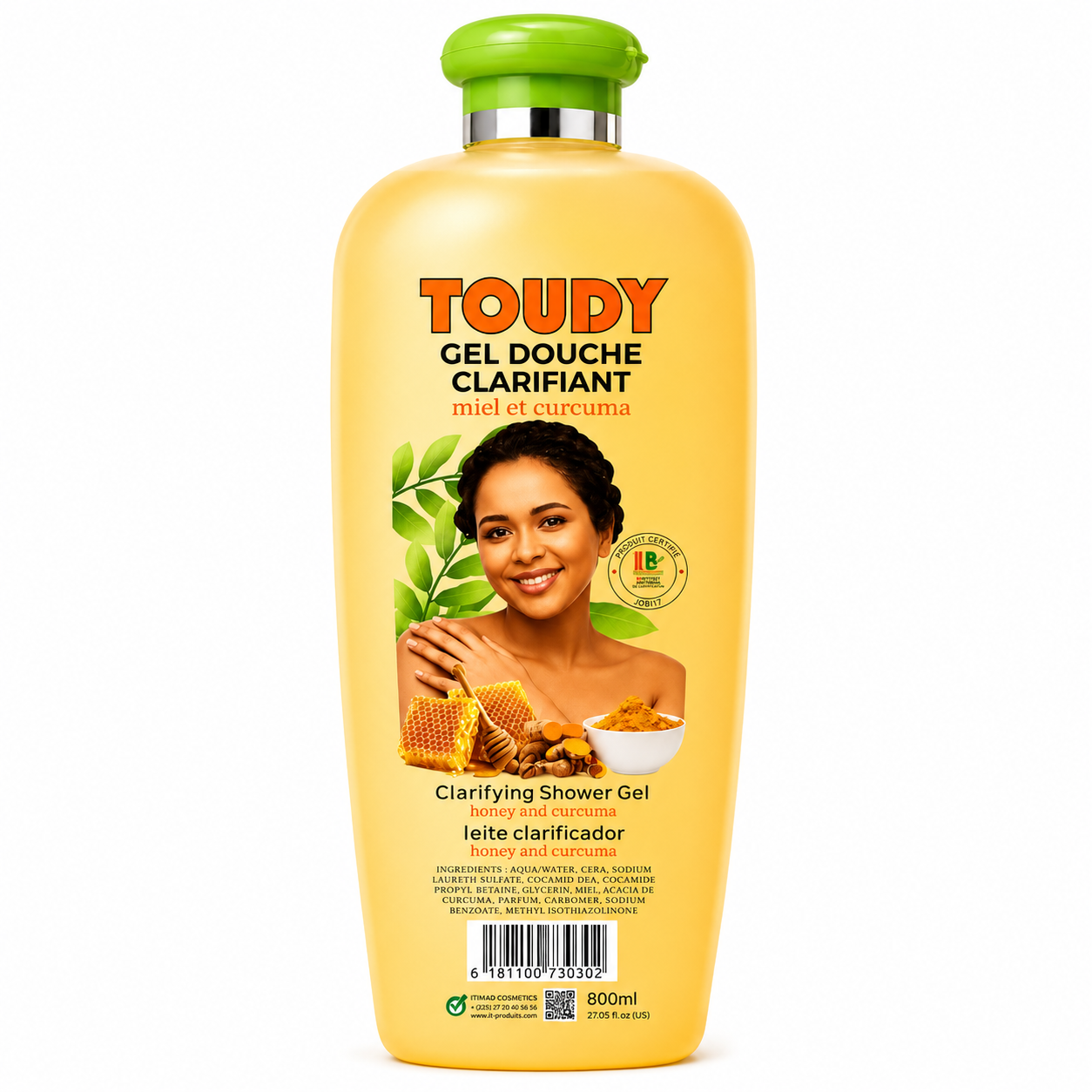 Gel Douche Clarifiant Miel et Curcuma 800ml - TOUDY