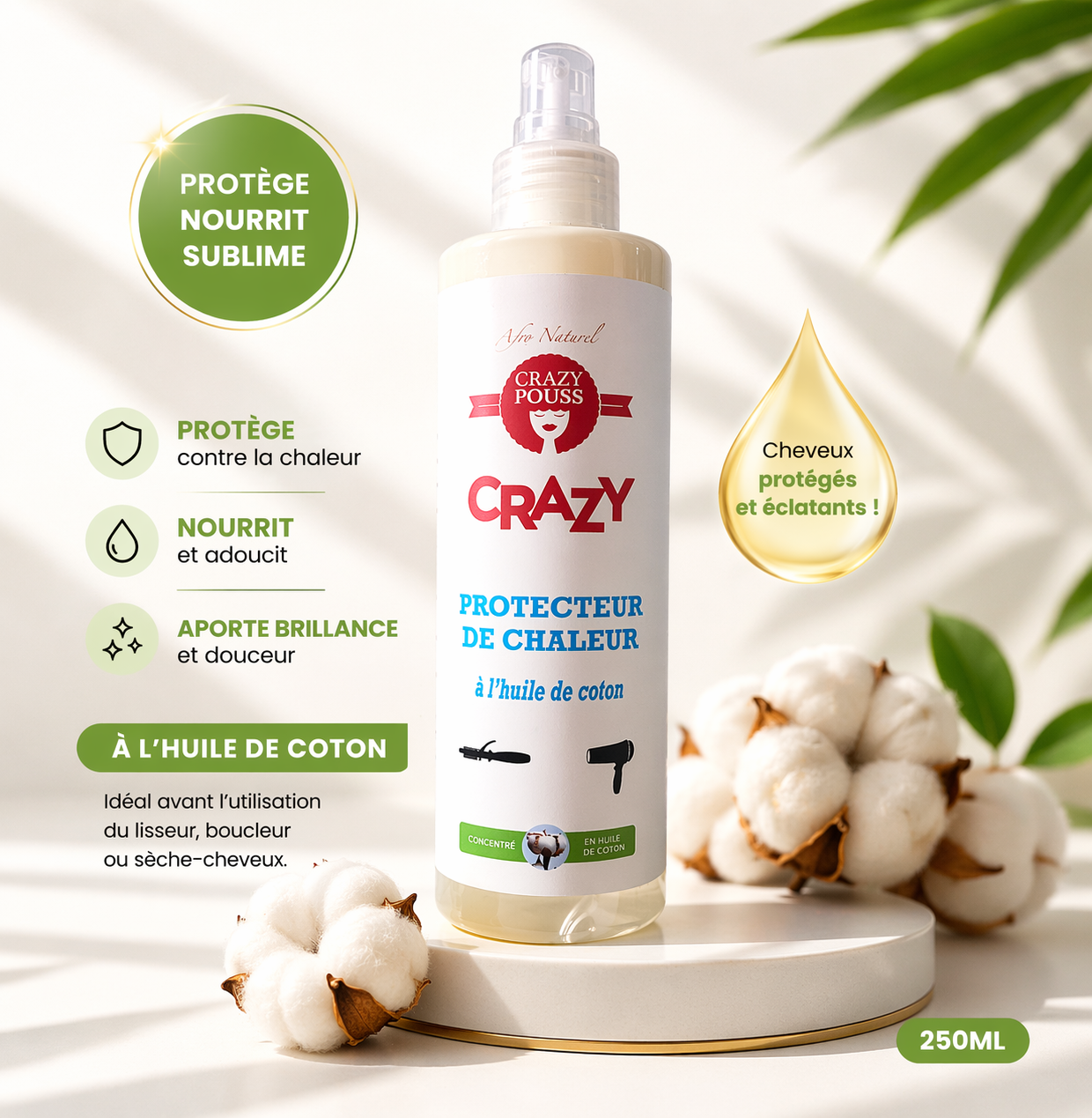 Protecteur de Chaleur à l'huile de Coton 250ml - CRAZY POUSS