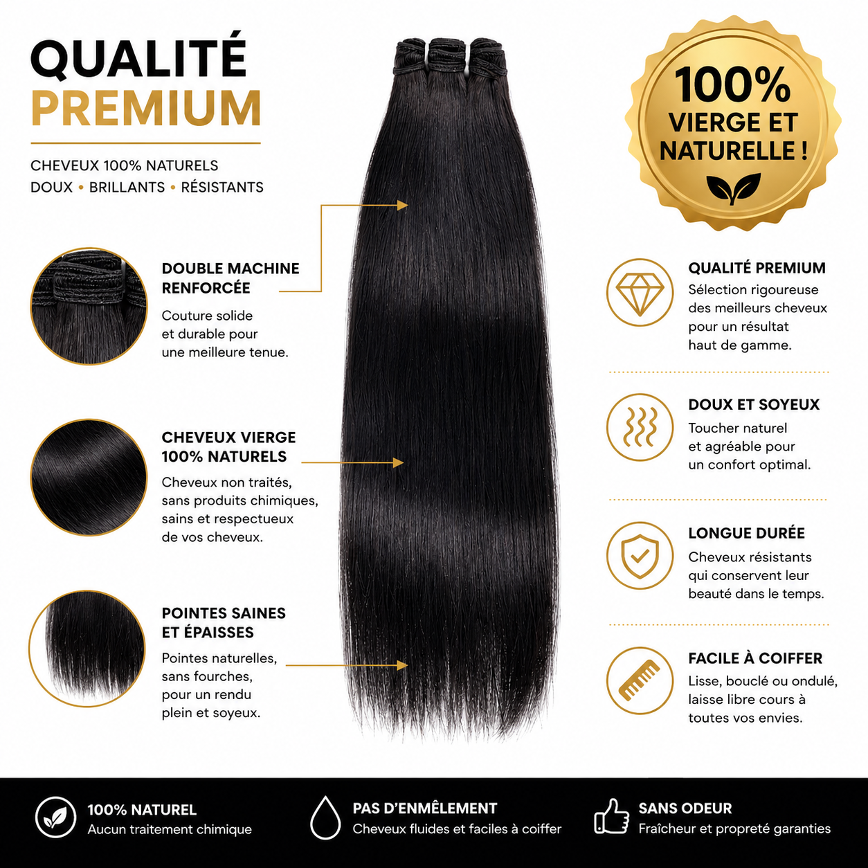 Tissage Brésilienne Lisse 100% Vierge Cheveux Naturels
