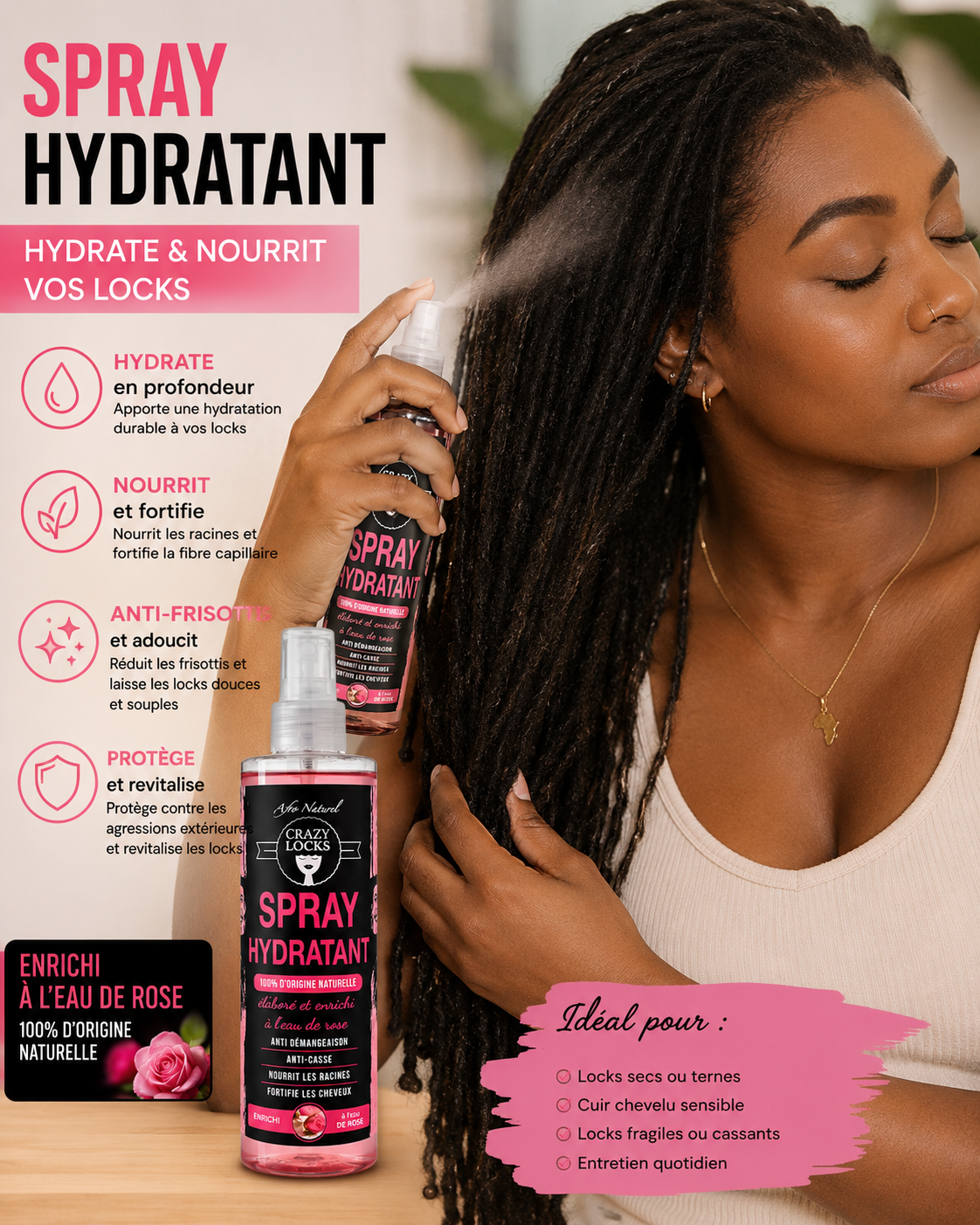 Spray Hydratant Locks Eau de Rose 250ml - CRAZY POUSS
