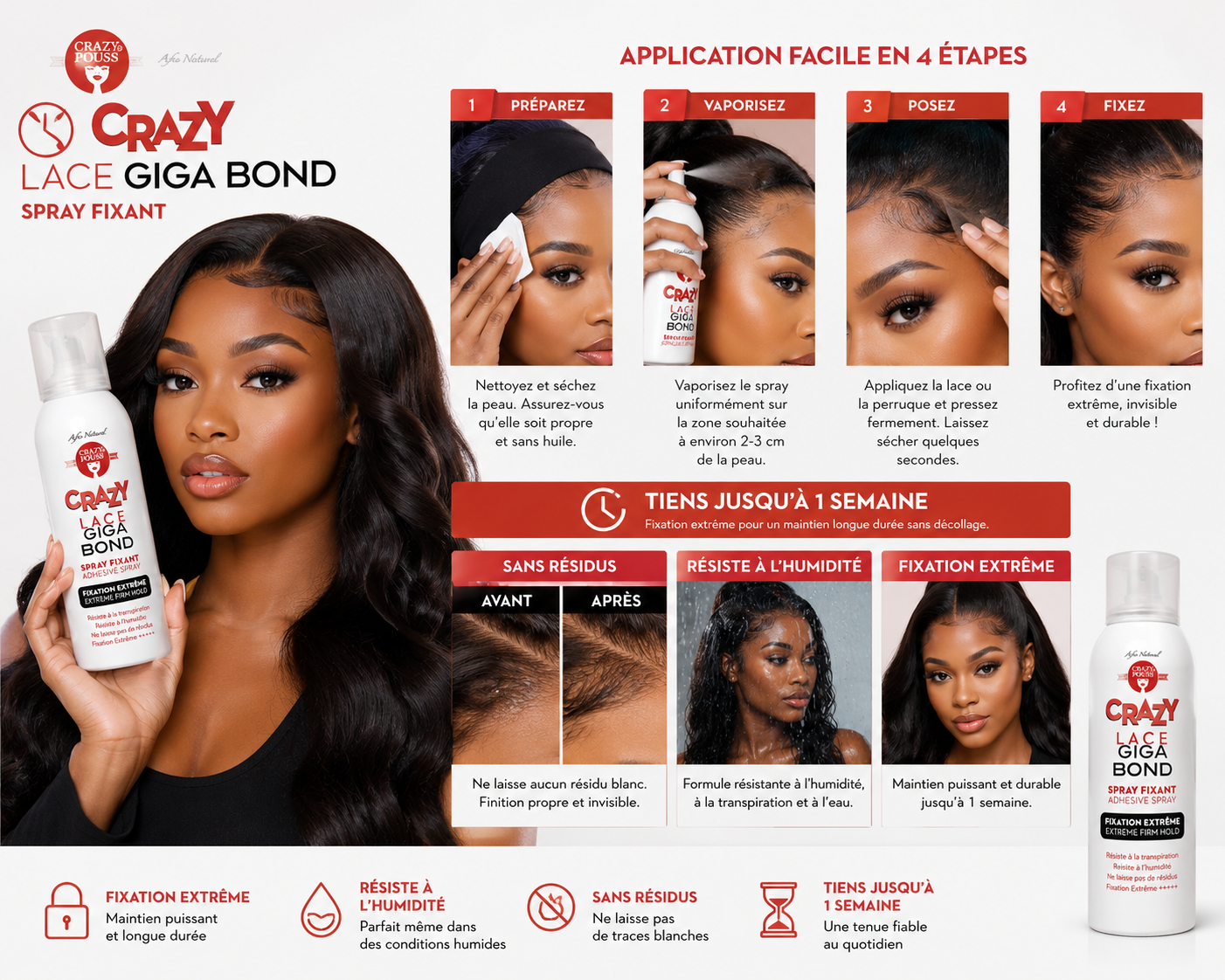 Spray Perruque Lace Giga Bond 150ml - CRAZY POUSS