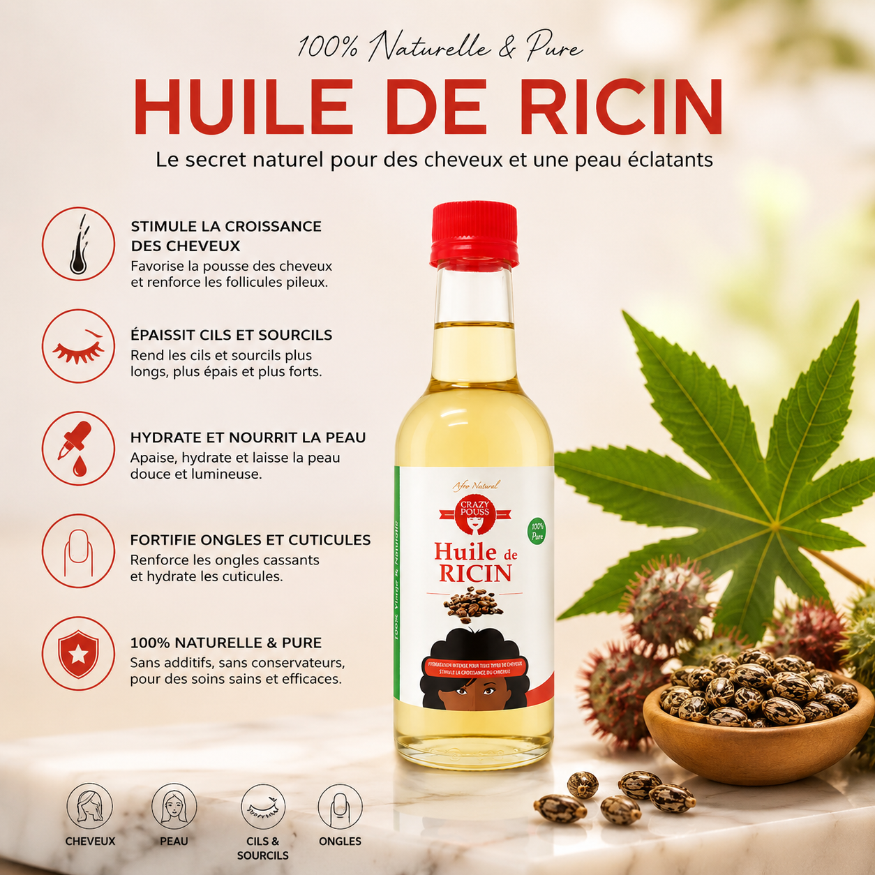 Huile de Ricin 100% Pure 250ml - CRAZY POUSS